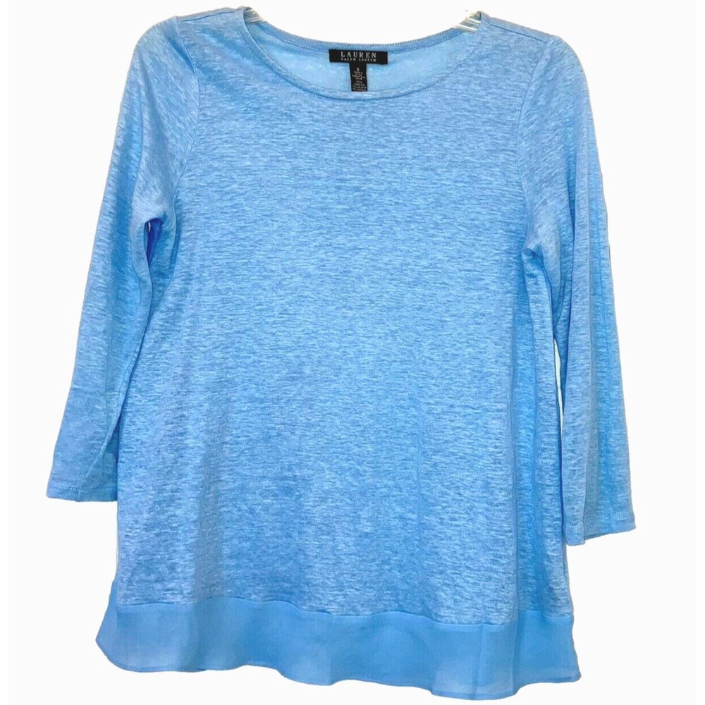 LAUREN RALPH LAUREN size S 100% Linen Knit Blue Tunic Blouse Top Chiffon Trim